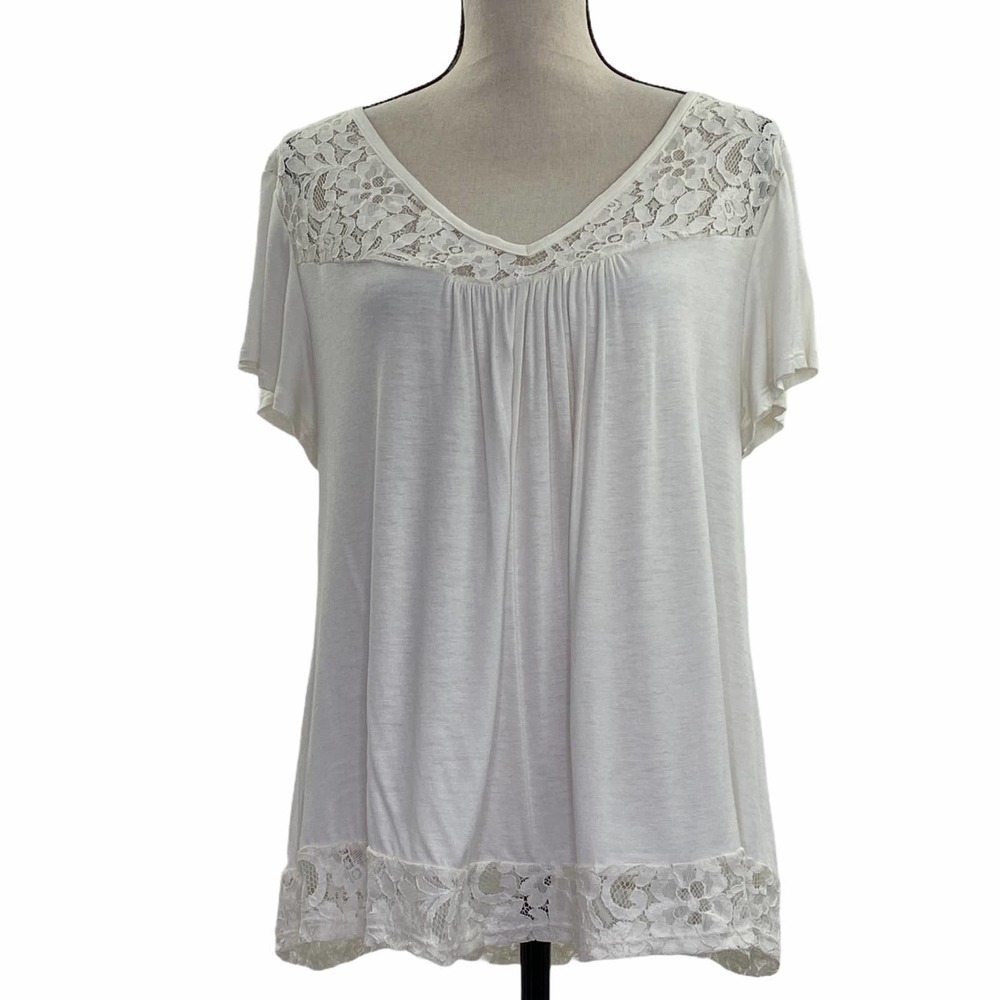 Jk LA White Lace V-Neck Short Sleeve Blouse XL